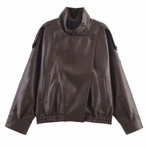Dark Brown Faux Leather Bomber Jacket